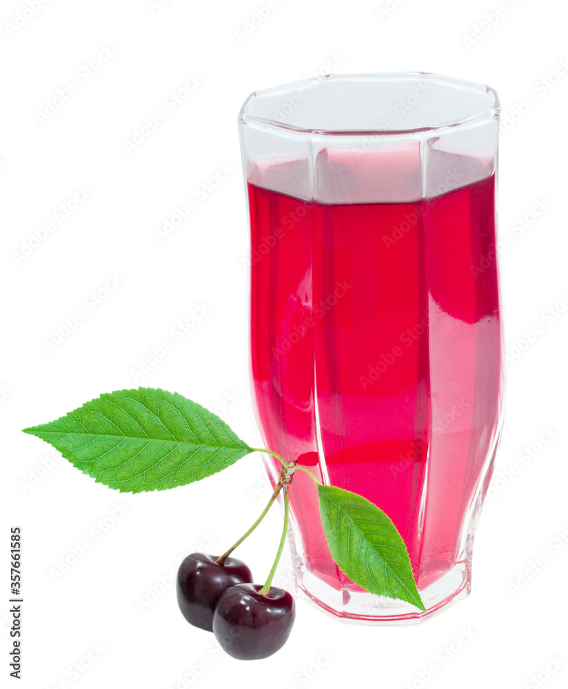glass of juice and cherries with leaves isolated on white background glass of juice and cherries with leaves isolated on white background