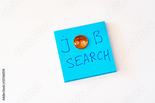 Obraz na płótnie Looking for a job concept - Blue notebook with job search phrase. Five cent coin. Flat lay white background w salonie
