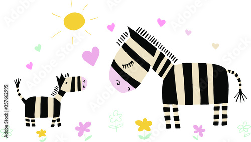 Cartoon zebras, mother and baby. Vector illustration. Isolated.