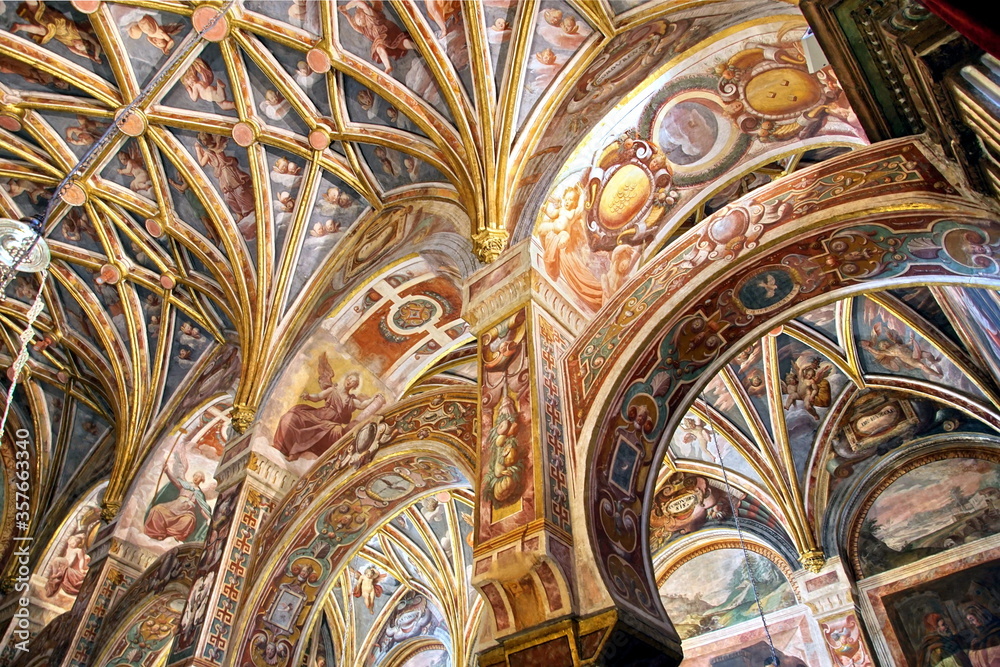 Interior view of La Mezquita Cathedral in Cordoba Spain. The cathedral was built inside of the former Great Mosque. Popular tourist destination in Spain.