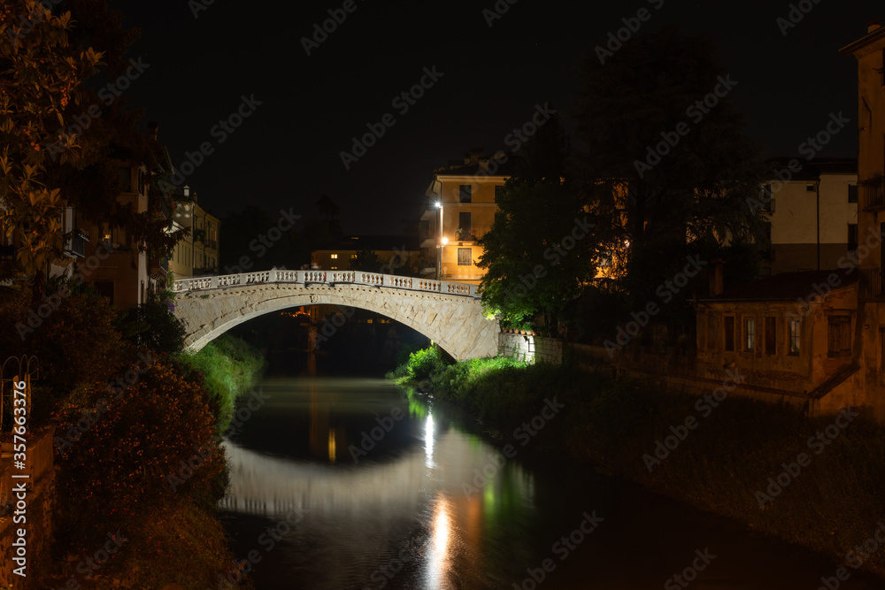 Night view of Ponte San Michele (San Michele Bridge) in Vicenza. This