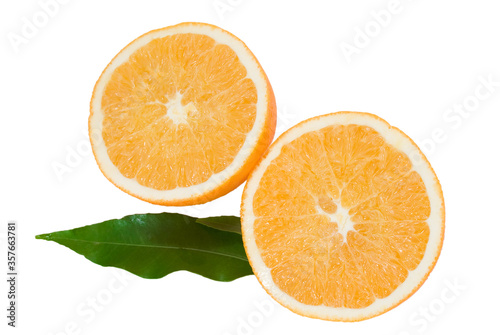 cropped orange with green leaves isolated on the white background