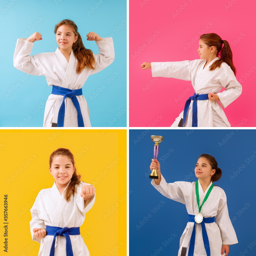 Funny pictures of a little karate girl on colorful backgrounds from posing and performance to victory Funny pictures of a little karate girl on colorful backgrounds from posing and performance to victory