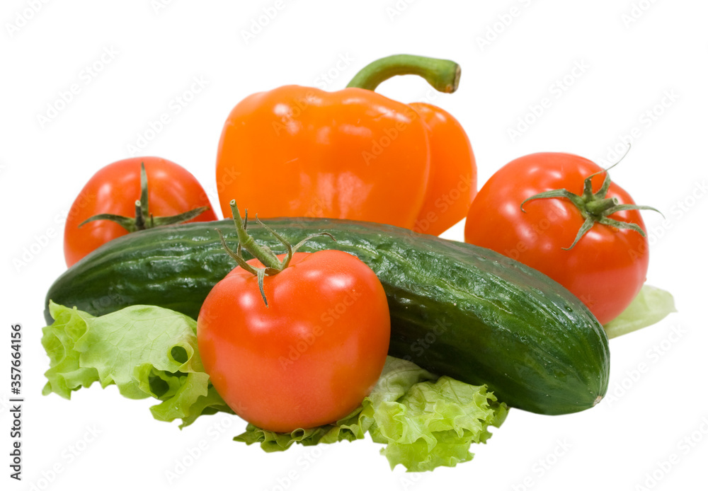 tomatoes, cucamber, lettuce and pepper isolated on the white
