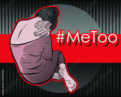 Woman Hashtag Metoo illustration trending social-media movement against sexual harassment. Woman sitting with her head bowed in a depressed pose. Template for banners.