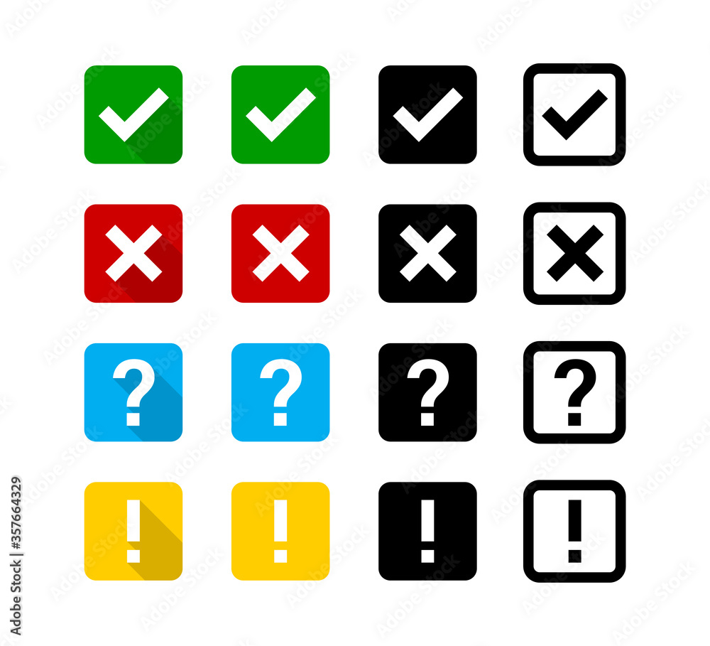 Checkmark cross question exclamation sign or mark. Isolated vector signs symbols. Checkmark icon set. Flat vector collection of icons. Checkmark cross question exclamation sign or mark. Isolated vector signs symbols. Checkmark icon set. Flat vector collection of icons.