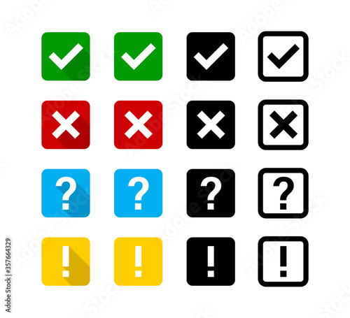Checkmark cross question exclamation sign or mark. Isolated vector signs symbols. Checkmark icon set.  Flat vector collection of icons.
