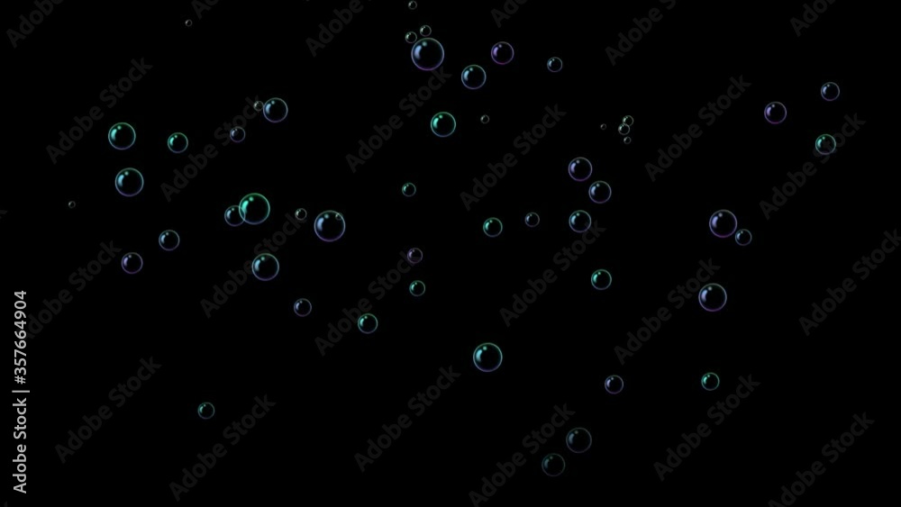 Air bubbles floating and burst under transparent water on black background.