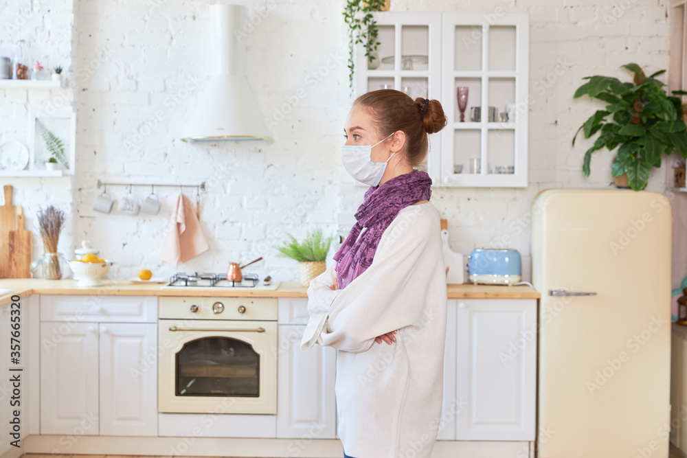 Girl in medical mask on white background empty space Girl in medical mask on white background empty space