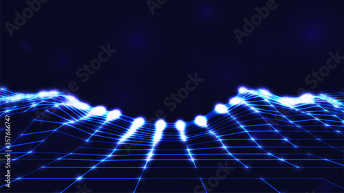 Abstract synthwave background. Perspective grid. Glowing nodes. Retrowave template. Dark blue vector illustration