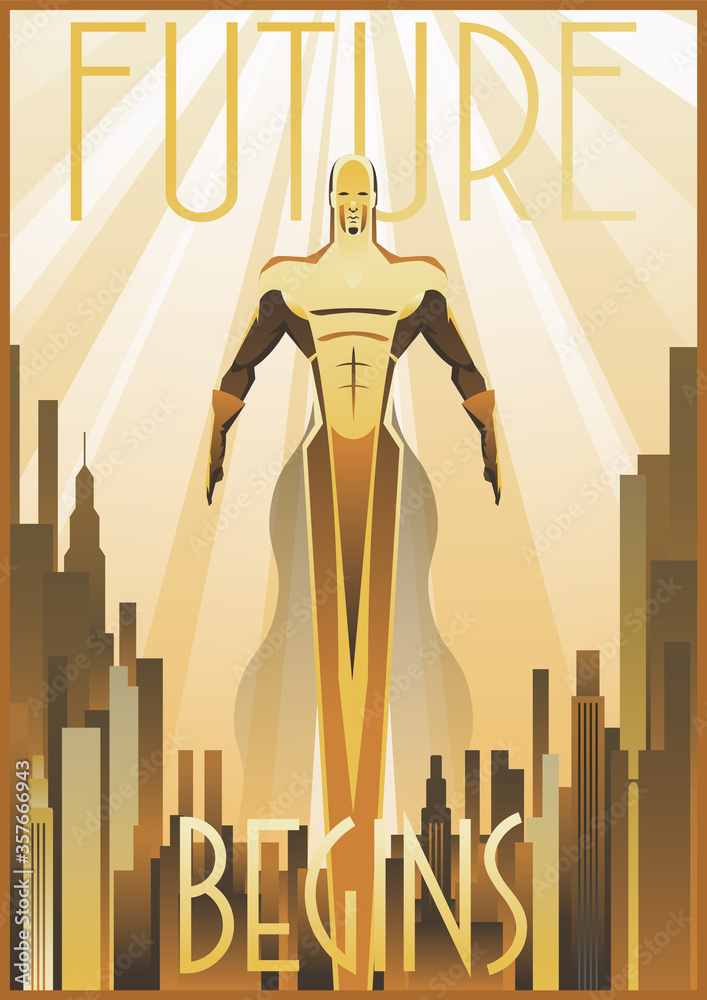 Retro Future Flying Man Art Deco Poster, Cityscape, Golden Rays 1920s, 1930s  Style Stock Vector | Adobe Stock