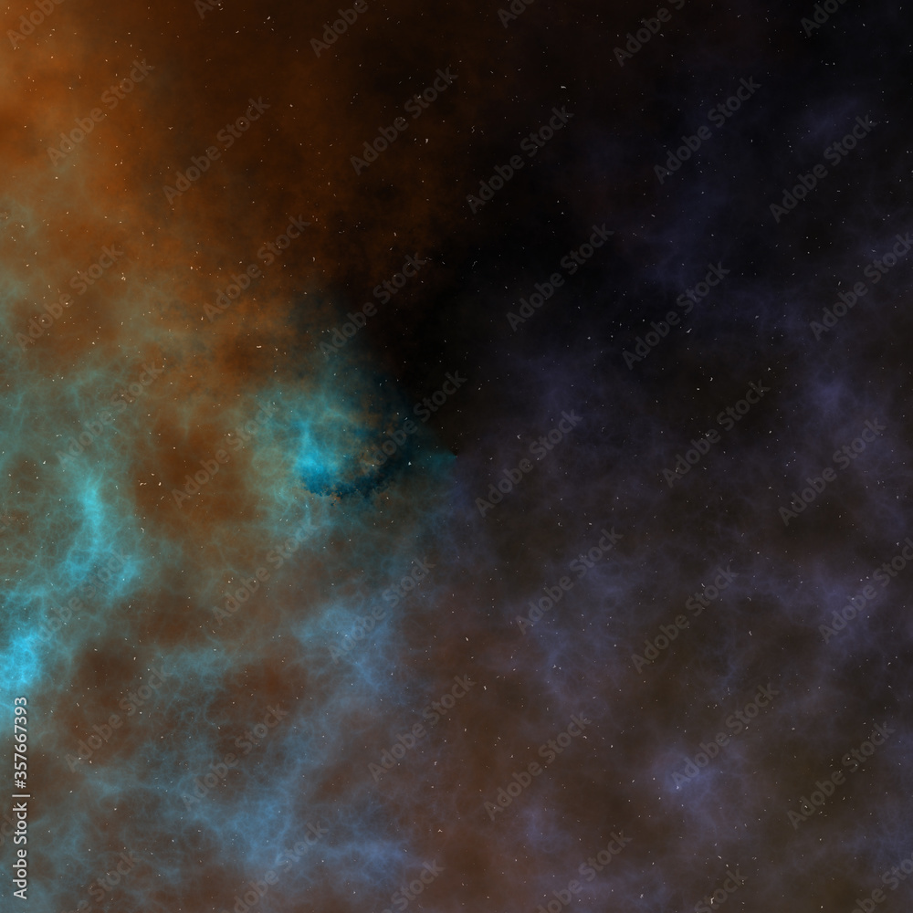 A 3d digital illustration of a space nebula in orange and blue. 