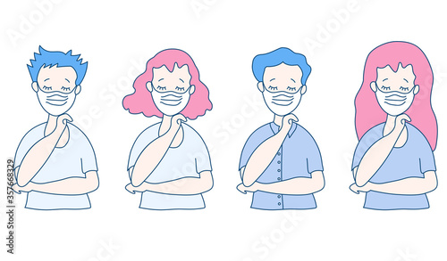 People with medical masks. Boys and girls with closed eyes wear masks to protect against environmental pollution, disease and from COVID-19. Vector illustration, emotions.