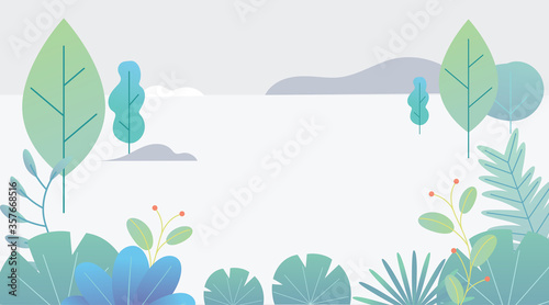 Flat design fantasy landscape. Trendy plants, mountains and nature in minimal style. Bushes, trees, flowers, leaves. Vector illustration.
