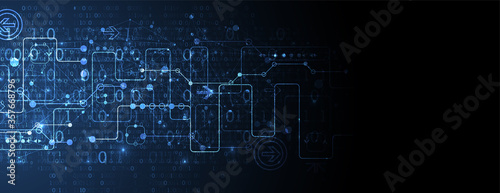 Abstract technology concept with binary code . Circuit board, high computer color background. Vector illustration with space for content, web - template, business tech presentation.