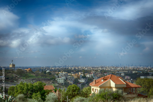 Shomron Regional Council. Israeli settlement Shaarei Tikvah. View of Tel Aviv.