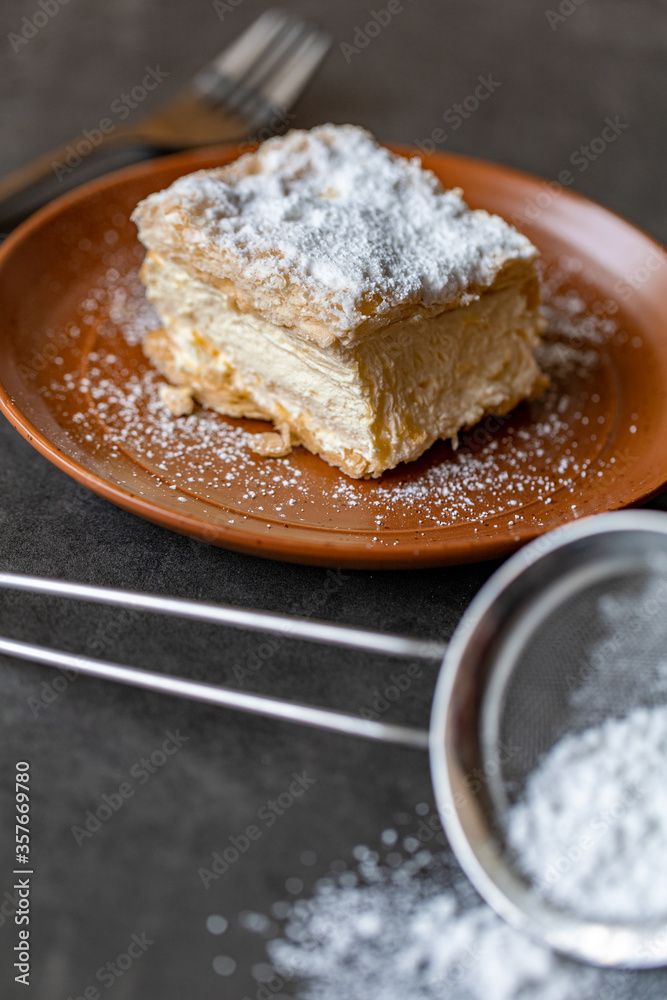 Cremșnit sitting on top of a plate. Is made out of filo pastry of usually three layers with cream on top and crumble sprinkled on it.