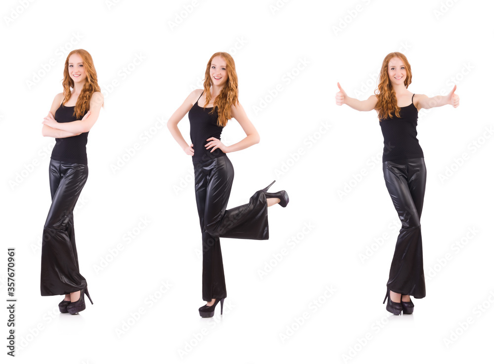 Redhead woman in black bell bottom pants on white Redhead woman in black bell bottom pants on white