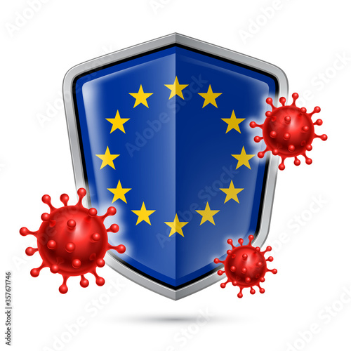 Flag of European Union on Metal Shiny Shield Icon and Red Corona Virus Cells. Concept of Health Care and Safety Badge. Security Safeguard Metal Label with EU flag