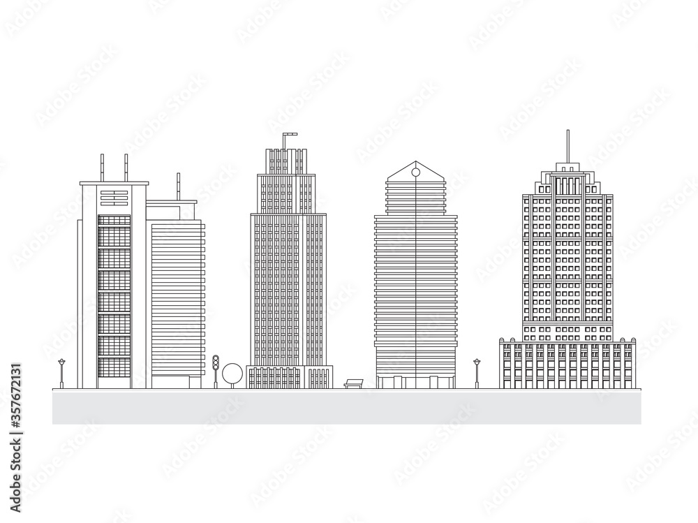 City Skyline Decorative Isolated Vector Blueprint Illustration. Skyscraper Offices Flat Business Buildings Set.