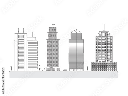 City Skyline Decorative Isolated Vector Blueprint Illustration. Skyscraper Offices Flat Business Buildings Set.