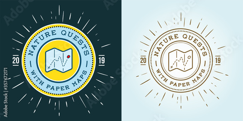 Set of Hiking Trail Logo Design with typography and travel elements - map with pin. Nice for prints, tee design, web infographics, adventure sites or magazines.