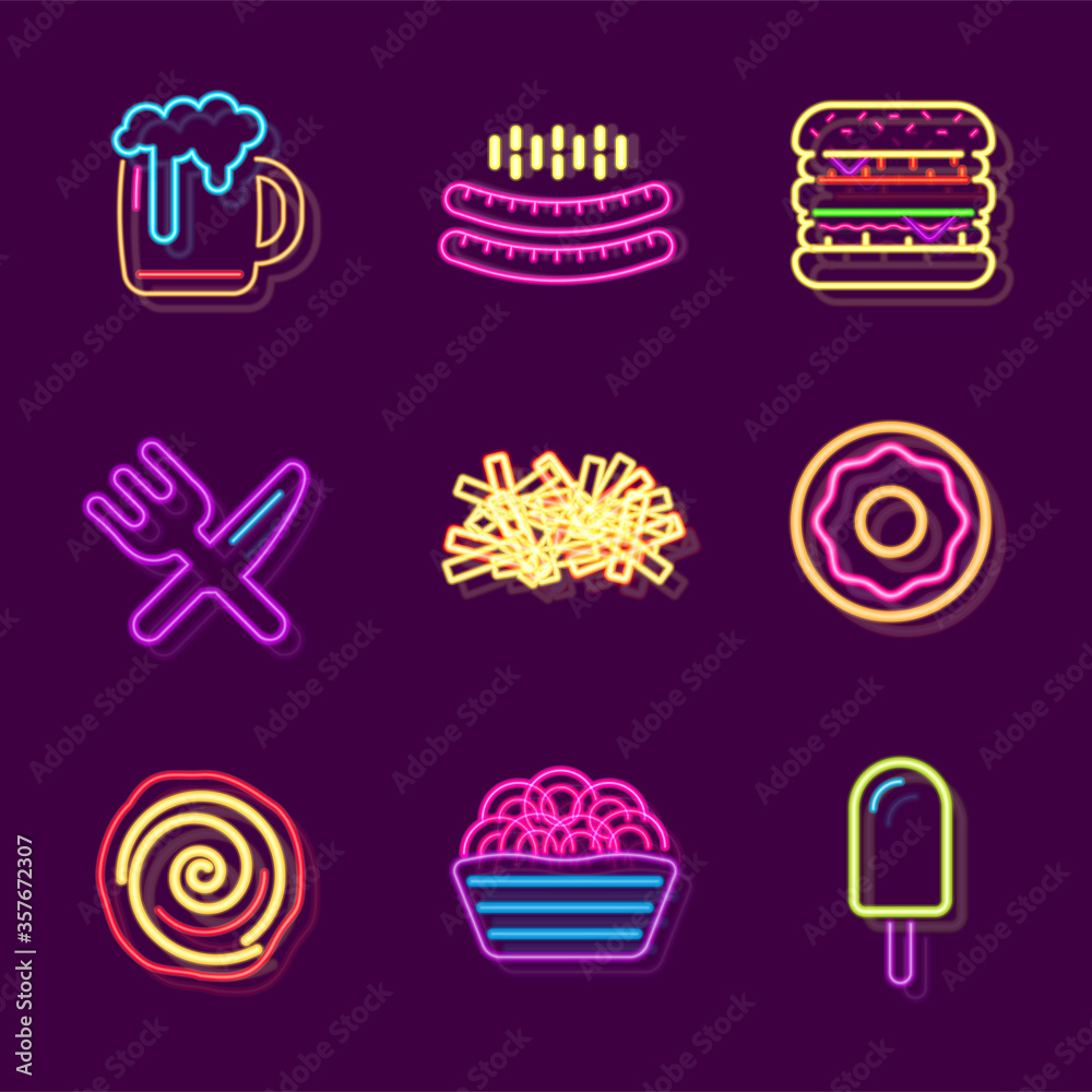 Streetfood Fast Food Drink Neon Sign. Fastfood Restaurant, Burger Cafe or Pizzeria Design. Glowing light signboard. Vector.