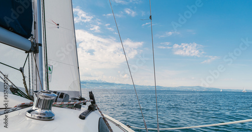 Sailing boat at open sea in summer, Lake Constance, Germany