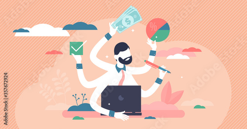 Busy entrepreneur vector illustration. Multitasking flat tiny person concept