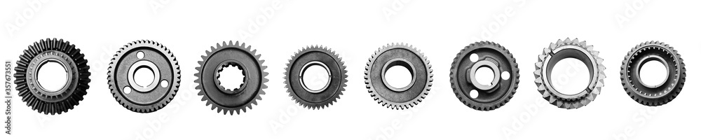 Metal gears isolated on white background collage. Steel industrial gears banner with copy space for text. - obrazy, fototapety, plakaty 