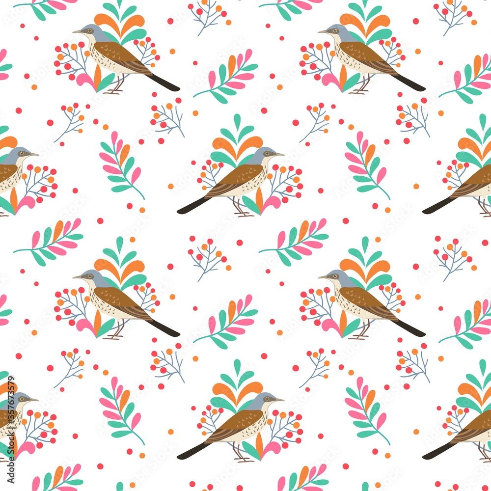 Naklejka Regular seamless pattern with thrush birds and branches with berries