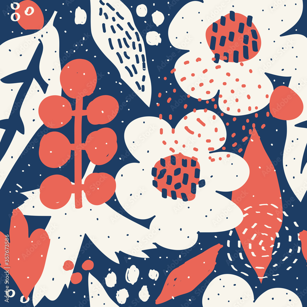 Fototapeta premium Seamless pattern with hand painted flowers and leaves in bright colors. Floral organic background. Hand drawn vector illustration for creating fabrics, greeting cards, wrapping paper, packaging.