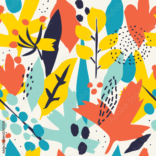 Seamless pattern with hand painted flowers and leaves in bright colors. Floral organic background. Hand drawn vector illustration for creating fabrics, greeting cards, wrapping paper, packaging.