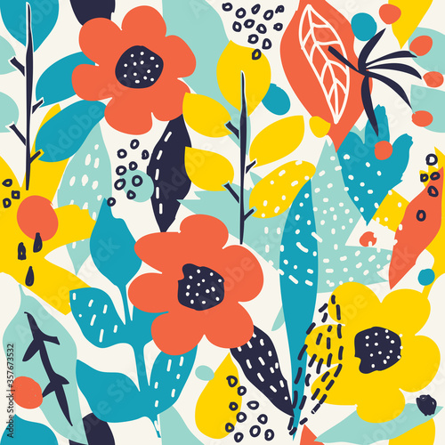 Seamless pattern with hand painted flowers and leaves in bright colors. Floral organic background. Hand drawn vector illustration for creating fabrics, greeting cards, wrapping paper, packaging.