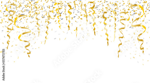 Vector graphics of falling gold and silver confetti on white background.Gold texture,decorative background for many applications.
