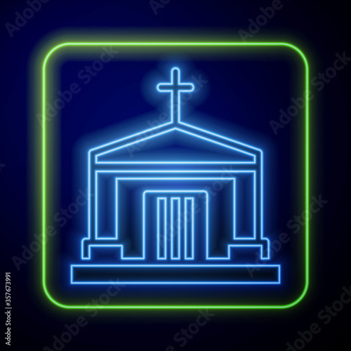 Glowing neon Old crypt icon isolated on blue background. Cemetery symbol. Ossuary or crypt for burial of deceased. Vector