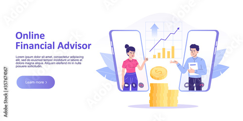 Online financial advisor service concept. Giving online financial consultation from smartphone. Finance and innovative mobile technology. Landing page template. Vector illustration for web banner