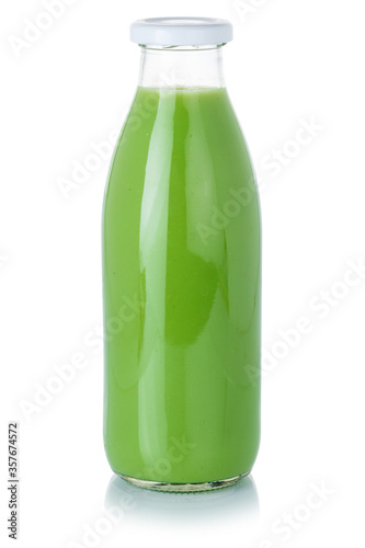Green smoothie fruit juice drink in a bottle isolated on white