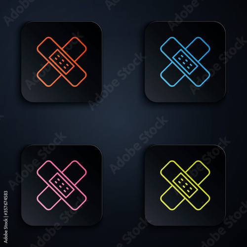 Color neon line Crossed bandage plaster icon isolated on black background. Medical plaster, adhesive bandage, flexible fabric bandage. Set icons in square buttons. Vector Illustration