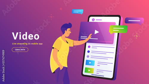 Video watching and live streaming on mobile phone. Gradient vector illustration of cute man standing near big smartphone and pushing play button of video. Smart phone with bubbles on purple background