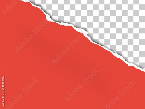Torn upper right part of sheet of red paper. Vector template paper design.