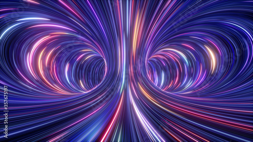 Fototapeta Naklejka Na Ścianę i Meble -  3d rendering, abstract cosmic background, ultra violet neon rays, glowing lines, cyber network, speed of light, space and time strings, bright twist