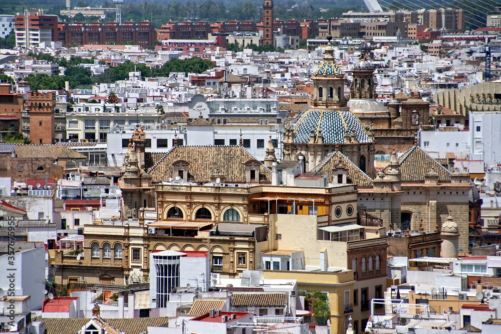 City View from Giralda Spire Bell Tower in Seville Cathedral in Andalusia Spain.