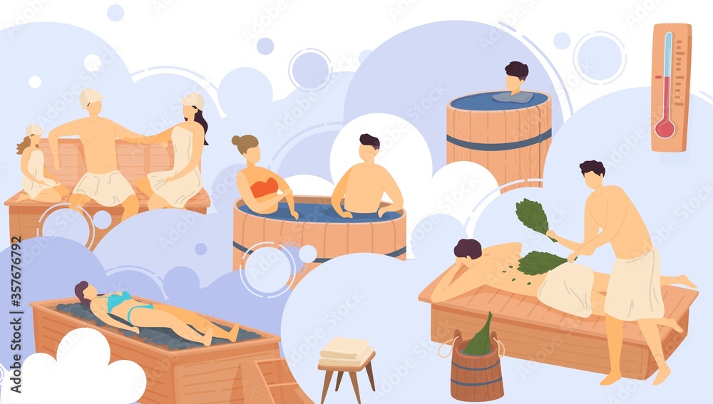 People in sauna, men and women cartoon characters bathing in spa resort,  vector illustration. Couple relaxing in Finnish sauna, family leisure in  Russian steam bath. Wellness procedure treatment set Stock Vector |