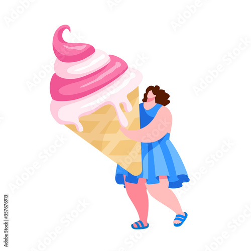 Tiny Female Character Carry Huge Fruit Ice Cream in Waffle Cone. Summer Time Food, Delicious Sweet Dessert, Cold Treat. Girl with Icecream Isolated on White Background. Cartoon Vector Illustration