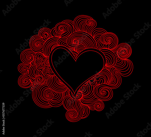 Beautiful festive decorative vector background with red heart and curling ornament around it