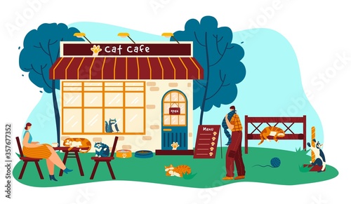 Fototapeta Naklejka Na Ścianę i Meble -  Cat cafe with funny pets cartoon characters, people drink coffee and play with animals, vector illustration. Cozy coffeehouse summer outdoor, cute cats and happy customers. Hand drawn pets flat style