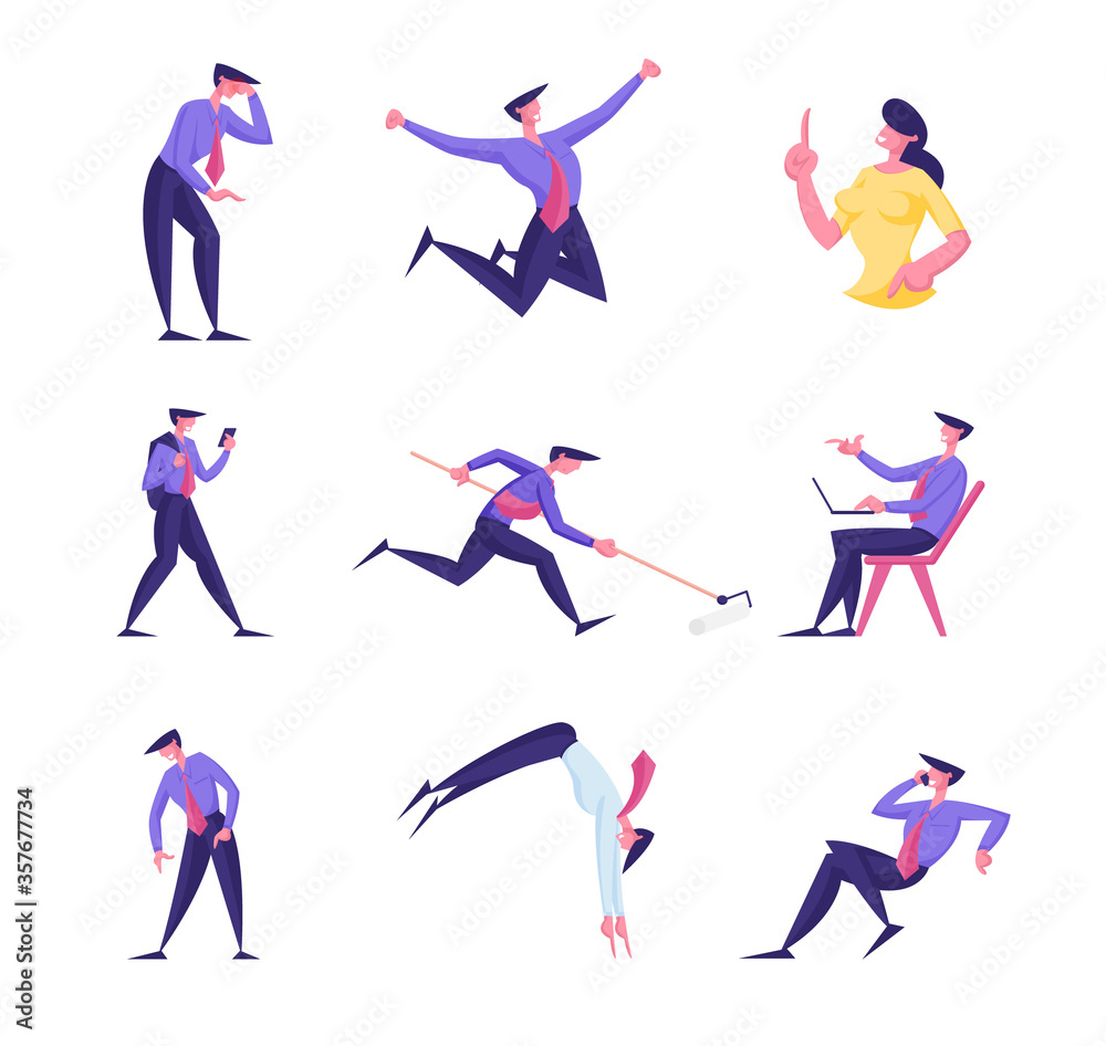 Set of Business People Rejoice and Jump, Working in Office on Laptop, Using Gadgets. Male and Female Characters Run with Painting Roller, Communicate by Mobile Phone. Cartoon Vector Illustration