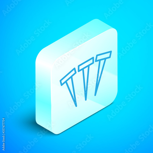 Isometric line Metallic nails icon isolated on blue background. Silver square button. Vector.