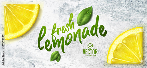 Vector realistic lemon illustration and leaves on white stone background
